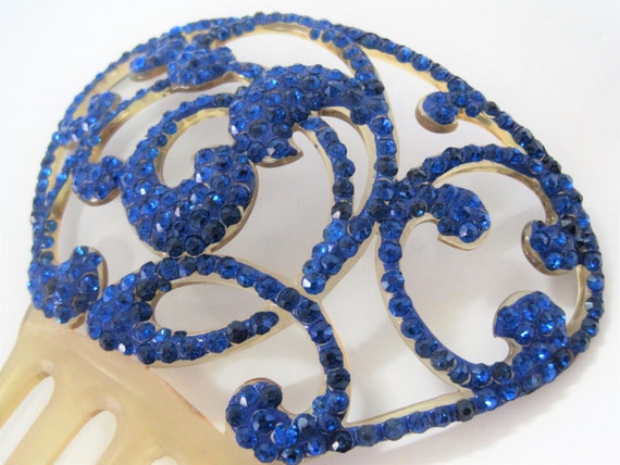 Celluloid Hair Comb, Bright Blue Rhinestones, Gift for Woman, Hair Adornment
