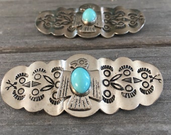 Weastern silver pins shoe clips Navaho stamped etched turquiose stone matching set pair c clasp vintage costume jewelry Native American