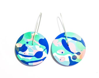 Jackson Pollock Inspired Paint Splattered Pastel Blue/Multicolour Earrings