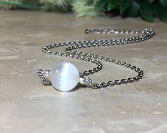 Selenite Necklace, 10mm Selenite, Selenite Choker, Stainless Steel Necklace, Healing Crystal, Chakra Crystal, Purification Crystal