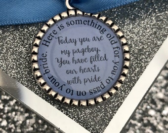 Page boy keepsake somethink old for his bride to be somethink blue beautiful keep sake blue ribbon charm pendant