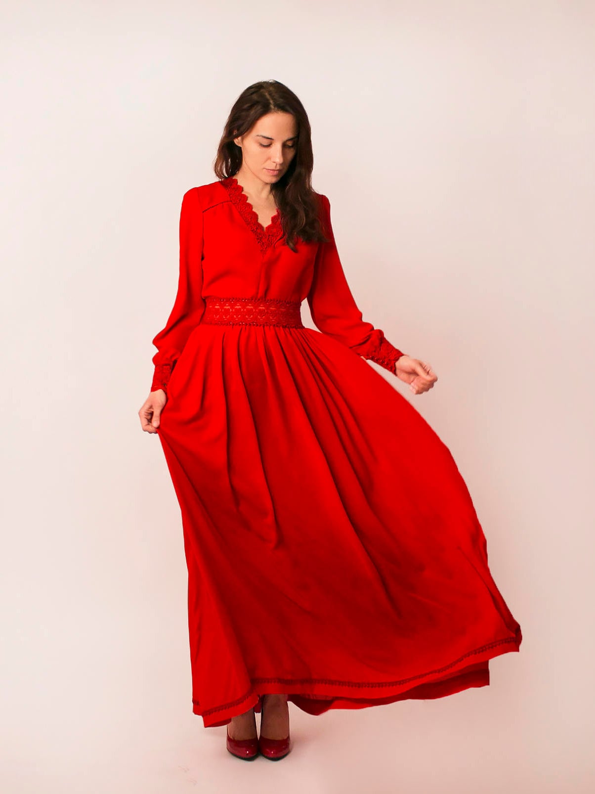 Red boho wedding dress bell sleeves long sleeve dress
