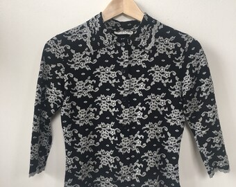 1990's Black Vintage Womens Blouse With White Floral Pattern