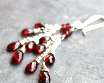 Garnet Earrings Cascade Earrings Romantic Long Dangling Red Gemstone Earrings Sterling Silver Gemstone Jewelry