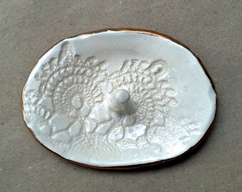 Off White Lace Ceramic Ring Holder Bowl edged in gold
