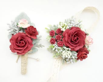 Burgundy Boutonniere and Corsage, Burgundy Wedding, Prom Corsage and Boutonniere Set, Rose Wrist Corsage, Rose Boutonniere, Burgundy Corsage
