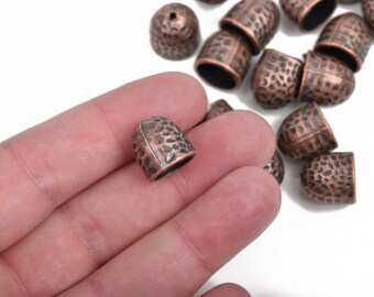 5 Copper Tone Hammered Textured End Caps for Kumihimo Jewelry, Leather Cord End Connectors, Bails, Bead Caps, Fits 10mm cord, fin0662