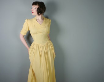 40s YELLOW long crepe dress with puff sleeves and sweeping skirt - 1940s WWII / art deco evening gown - S