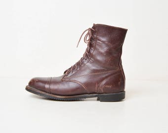 Vintage 90s Brown Leather Booties / Leather Ankle Lace Up Boots / 7.5