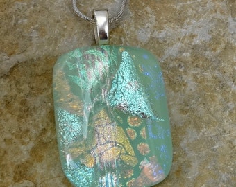 Green Glass Pendant, Dichroic Jewelry, Fused Glass Pendant, Mint Green Necklace, Green Glass Slide