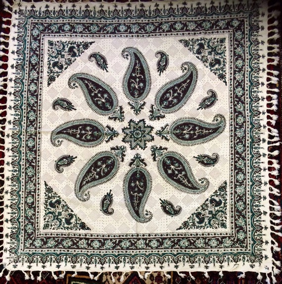 Green and brown tablecloth, block printed tapestry art, paisley tablecloth , wall decor, natural textile 39" inches with tassels