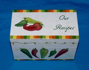Decorative Wood Recipe Card Box Personalized Recipe Card Holder Peppers Hand Painted Wedding Wooden Chili Pepper Recipe Box 4x6 Gift