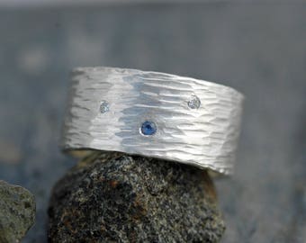 Hammered Sterling Silver Ring with Flush Set Yogo Gulch Sapphire and Diamond Melee- Ready to Ship Size 8.5