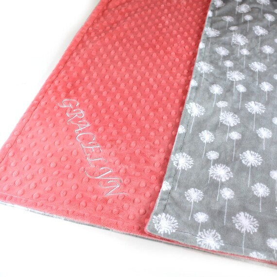 Gray Minky Baby Blanket, Floral Personalized Baby Blanket Girl Gray Coral Flower, Baby Shower Gift, Dandelion kids Minky Blanket, Baby Gift