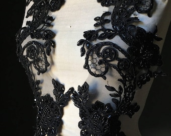 BLACK Beaded Applique Pair for Grad, Illusion Gowns, Lyrical Dance, Ballet, Bridal, Costumes PR 33bl