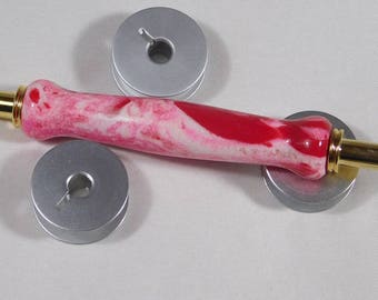 Handmade Double Seam Ripper in Shopmade Acrylic & Gold hardware, Handcrafted, sewing supply, quilting supply, red and white Poly Resin, 22