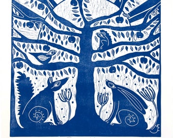 linocut, Tree of Life, blue, printmaking, fox, hare, tree, squirrel, bird, apples, home interior, printmaking, country style, navy blue,