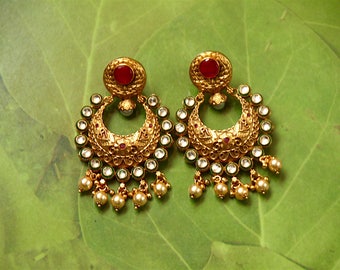 Antique Gold Finish Kundan And Pearl Bridal Earring /Kundan And Ruby Bridal Earring /Indian Wedding Jewelry /Bollywood Jewelry /Gift For Her