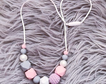 Silicone Teething Necklace, Nursing Necklace 'Rebecca' Pink / Grey / New Mum Gift, Baby Gift, Teether, Fiddle Beads, Teething, Breastfeeding