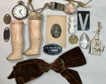 Vintage Assemblage Lot- Composition Doll Legs- Brown Velvet Bow- Pocket Watch Doll Whistle- Brass Tag- Tintype Findings- Found Objects D10