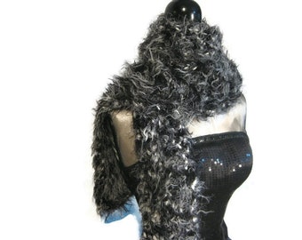 Black and White Fuzzy Knitted Scarf "After Midnight"