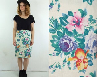 70's vintage women's butter linen pencil high waisted skirt with colorful flower patterns