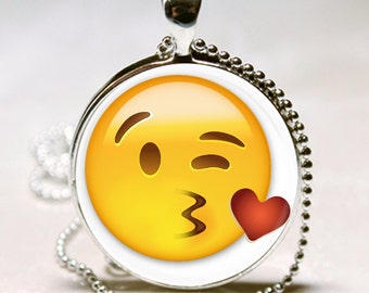 EMOJI Blowing Heart Kiss Kisses Emoticon TEEN LOVE Valentine's day Gift Altered Art Glass Pendant Charm Necklace