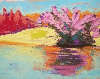 Original pastel drawing abstract colorful landscape pink power 5x7inches