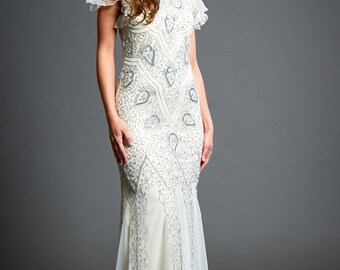 Molly Heavy Silver Embellished 1920s Great Gatsby Inspired, Downton Abbey, Art Deco, Mother Of The Bride, Wedding Gown, Plus Size, S-XXXL