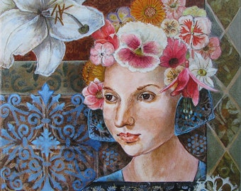 Fine Art Giclee Print on stretched canvas, Small painting, Reproduction, woman with flower,colorful, botanical, wall art