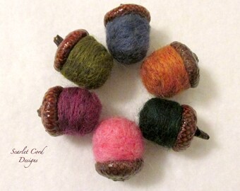 Acorns, Felted Acorns, Fall Decoration, Natural Acorn Caps, Set of Six