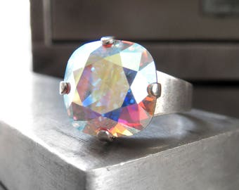 Swarovski Crystal Ring with Clear AB Crystal, Antiqued Silver Adjustable Ring - Multicolor Rainbow Iridescent Shimmer Pastel Colors, 4470