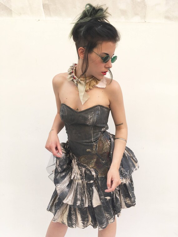 Hand painted Satin Gray Flounces LOLA DARLING Bustier Dress Butterfly Embroidery Leather Effect Printing Unique Piece from Vintage Garment