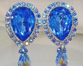 BIG SALE Vintage Showstopper Large Light Blue Topaz Rhinestone Earrings. Blue Topaz Rhinestone Earrings with Austrian Crystal Dangle.