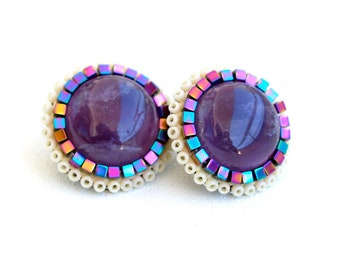 Amethyst Mandala Boho Earrings-Statement Earrings - Stud Earrings-Posts-Purple Earrings-Unique-Boho