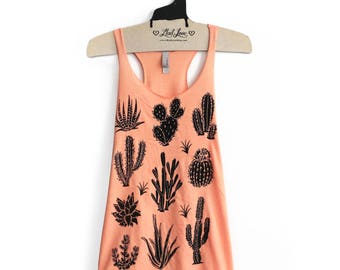 XL- Tri-Blend Peach Racerback Tank with cactus Screen Print