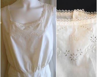 Vintage Edwardian Camisole 1900s White Cotton Top With Lace and Embroidery 38" bust