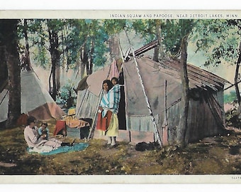 Indian Squaw and Papoose, Detroit Lakes, Minn., Vintage Postcard,