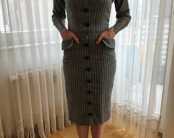 40s 50s Pencil Dress grey-black striped sz XS