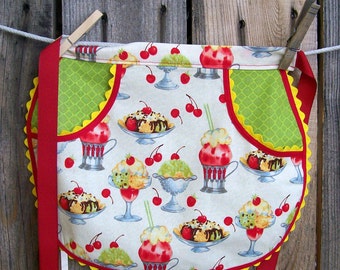 Ice Cream Retro Half Apron - Little Girl Half Apron with Ice Cream Sundaes - Size 5 to 6