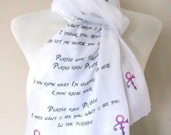 Prince Scarf. White scarf with Purple rain print. Music lyrics scarf. Poetry scarf.