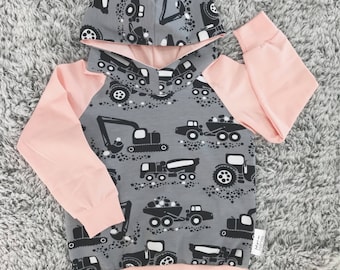 Pink Hoodie for baby and toddler gray tractors and sleeves
