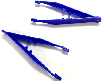 Set of 10 Disposable Blue Plastic Tweezers. Durable Pinching Tool for Picking Up Delicate Objects and Beads. Nail Art and Craft Forceps