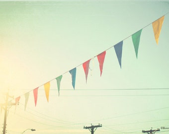sky, bunting, flags, sunshine, fine art photography,