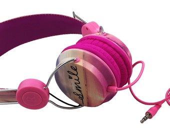Girls Headphones Printed Smile Noise Isolating Over Ear Headphones Light Weight Stereo Bass Apple Android Computer PC Mp3/4 Compatible