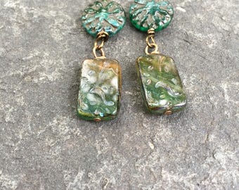 Green Urban Forest Rectangle Slab Czech Glass Boho Dangle Earrings Product id: FGRSD717