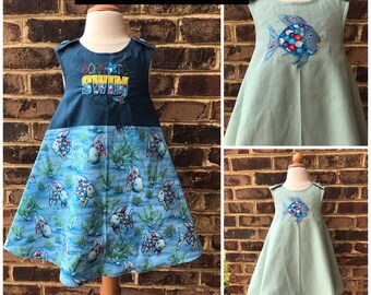 Rainbow Fish Reversible Jumper Dress "Born to Swim"