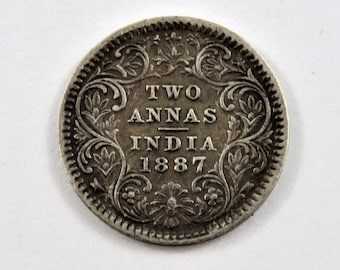 India-British 1887 Silver 2 Annas Coin.