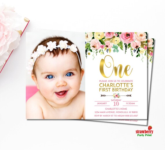 Floral First Birthday Invitation with Photo Pink & Gold 1st