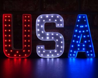 USA - 4th of July Decor - Patriotic Decor - Red White & Blue Light Up Marquee Letters - 8 Inch or 4 Inch - American Decor - Independence Day